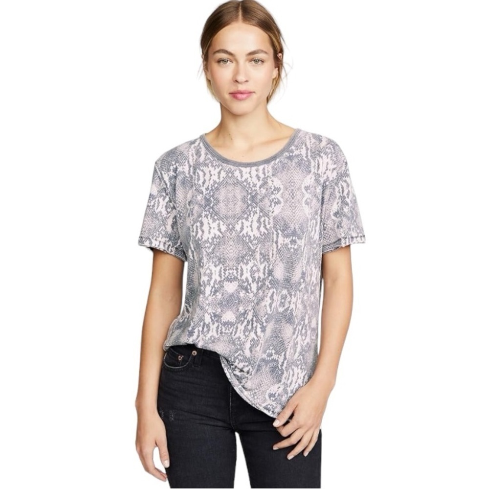 Free People Chic bohemian Snake Print Burnout Short Sleeve Tourist Tee Shirt
